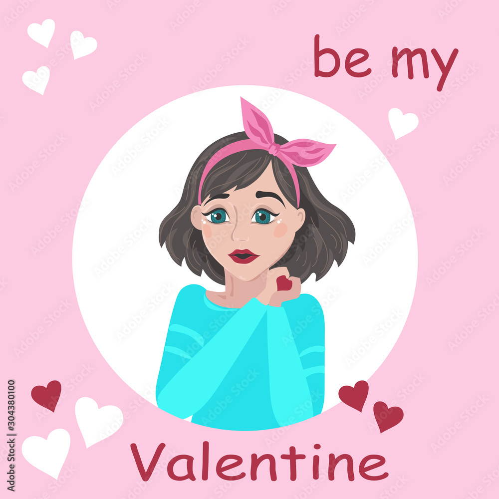 Vector poster with pretty girl and hearts. Happy Valentine`s day card. Vector poster with pretty girl and hearts. Happy Valentine`s day card.