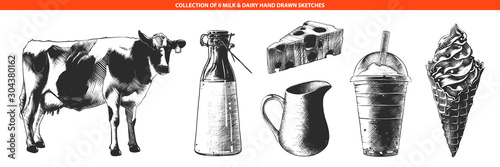 Vector engraved style illustrations of milk products and dairy  cheese  ice cream  milkshake  cow. Hand drawn sketches in monochrome isolated on white background. Vintage woodcut style drawing.