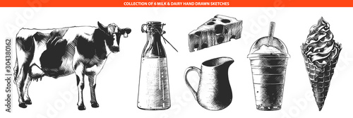 Vector engraved style illustrations of milk products and dairy, cheese, ice cream, milkshake, cow. Hand drawn sketches in monochrome isolated on white background. Vintage woodcut style drawing.