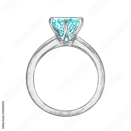 Vector engraved style illustration for posters, decoration, card and logo. Hand drawn sketch of engagement ring in colorful isolated on white background. Detailed vintage woodcut style drawing.