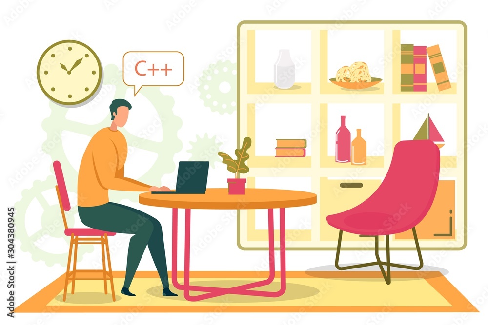 Cartoon Man Programmer Coder Writing Code at Home Cartoon Man Programmer Coder Writing Code at Home