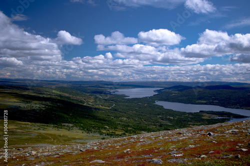 View of lakes Storevatnet and Tisleifjorden from Skogshorn mountain in Hemsedal  Norway