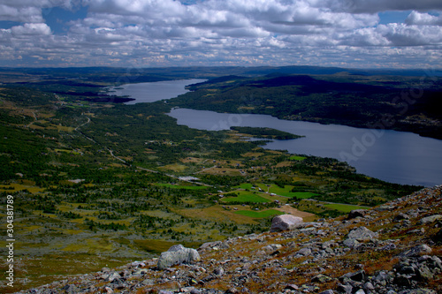 Wide view of lakes Storevatnet and Tisleifjorden from Skogshorn mountain in Hemsedal, Norway