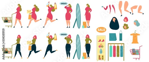 Animated Woman Character Shopping Cartoon Set