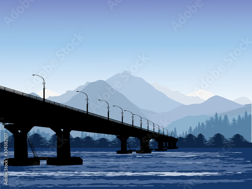 black bridge accross river to grey hills