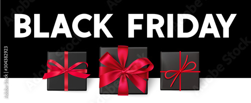 Black friday sale design template. Decorative gift boxes with red bow and text. Vector illustration