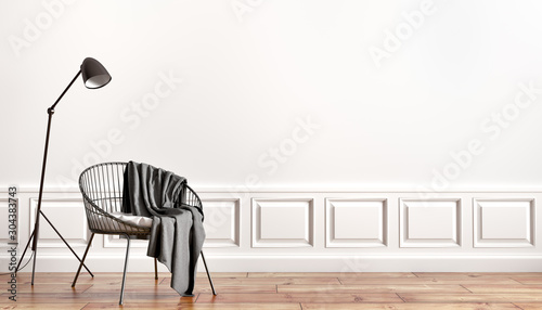 Fototapeta Naklejka Na Ścianę i Meble -  Interior design of living room with floor lamp and black armchair with plaid over white wall 3d rendering