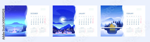 Calendar for 2020 with an illustration of nature. Three months of winter.