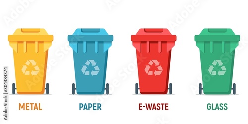 garbage cans with sorted garbage vector icons. Container dustbin for paper, plastic, glass, e-waste in flat style. Separation of waste cans for recycling. Colored waste bins. Waste management concept