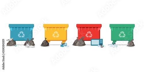 garbage cans with sorted garbage vector icons. Container dustbin for paper, plastic, glass, e-waste in flat style. Separation of waste cans for recycling. Colored waste bins. Waste management concept