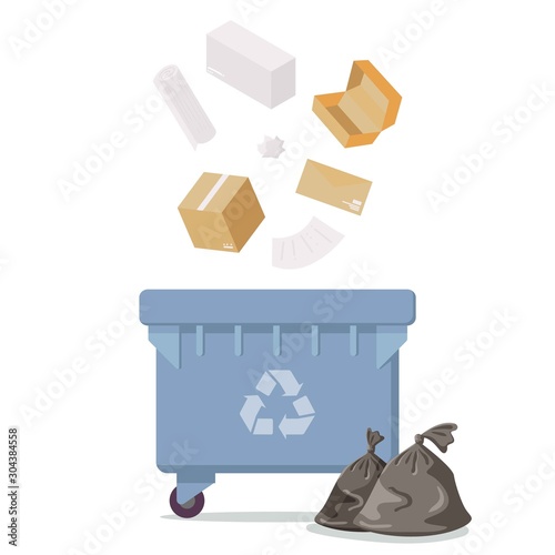 Blue recycle garbage bin for paper set. For banner, flyer. Separation of waste cans for recycling, reuse, reduce. Throw away the paper in correct trash can. Boxes, sheets, paper in rubbish bag.