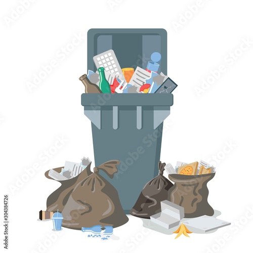 Plastic Garbage bin full of trash. Waste recycling and management. Can full of overflowing trash, plastic bags with box, papers, glass, bottles, e-waste. Cleaning city banner template. Household waste