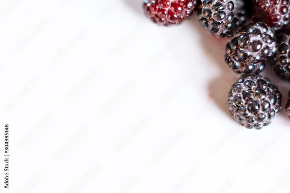 Red and black raspberries closeup on a white background.