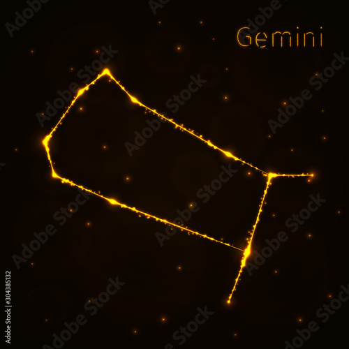 Gemini Illustration Icon, Lights Silhouette on Dark Background. Glowing Lines and Points