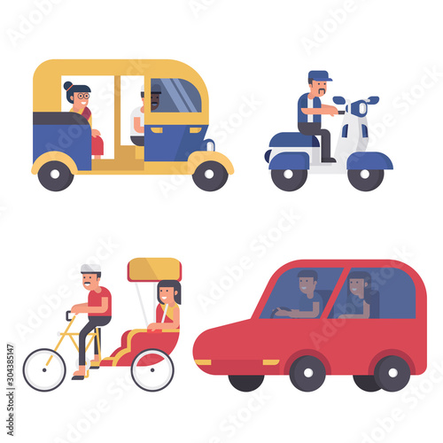 collection set of transport icons flat vector illustration style with car, Tuk Tuk, motorcycle, tricycle and people