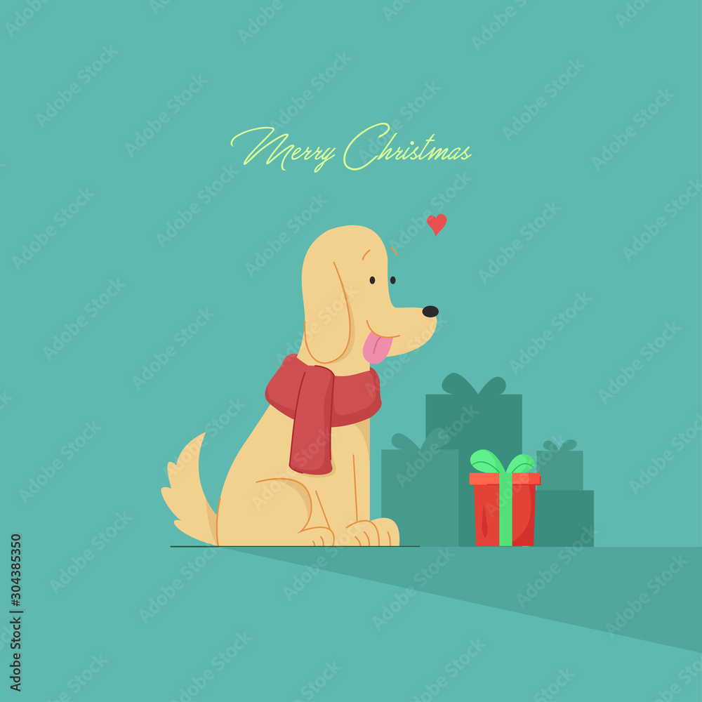 Fototapeta premium Cute Dog Looking to a Christmas Present. Christmas Illustration