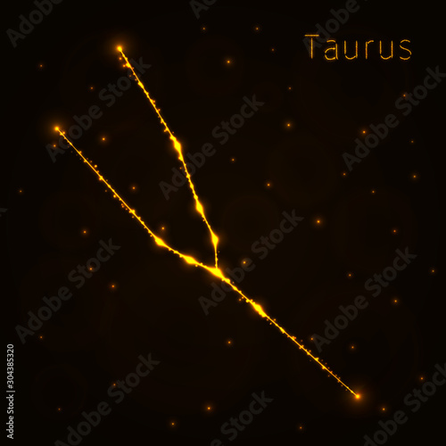 Taurus Illustration Icon, Lights Silhouette on Dark Background. Glowing Lines and Points
