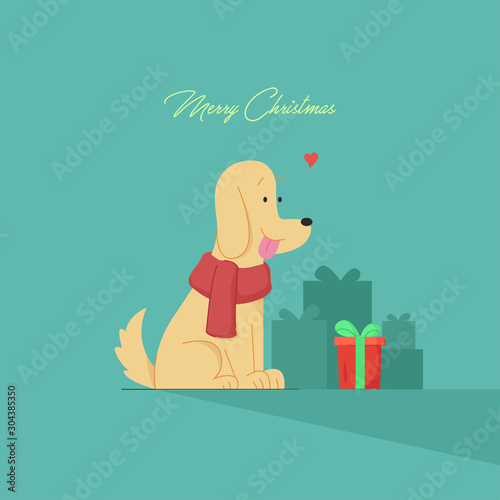 Cute Dog Looking to a Christmas Present. Christmas Illustration