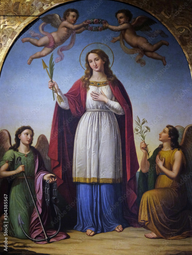 Fototapeta premium Saint Philomena flanked by two angels by Stefano Lembi, San Michele in Foro church in Lucca, Tuscany, Italy 