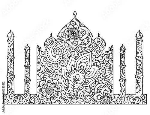 Silhouette of the Taj Mahal are filled with flowers in mehndi style. Islamic mausoleum in India. Muslim mosque architectural structure. Vector illustration. Coloring book page.