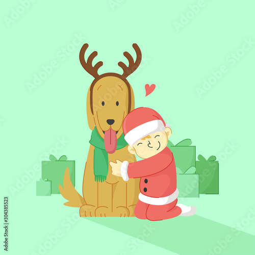 Cute Dog Huge by a Kid With Christmas Costume Illustration