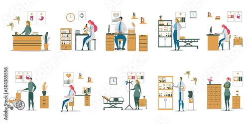 Doctors Nurse in Different Situation in Clinic Set