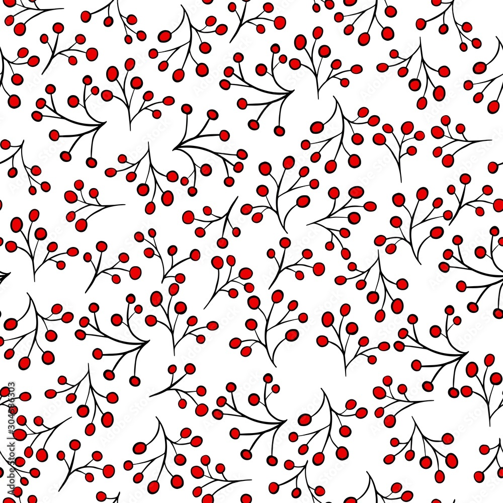  vector illustration, pattern red berries on a branch, on a white background