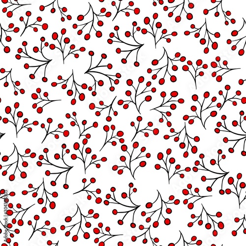  vector illustration, pattern red berries on a branch, on a white background
