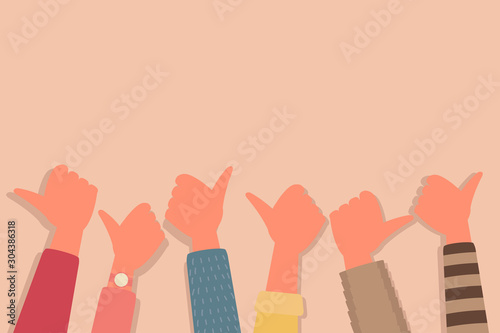 young people hands thumb up together, unity teamwork, community, cooperation, and partnership support concept. flat cartoon vector illustration