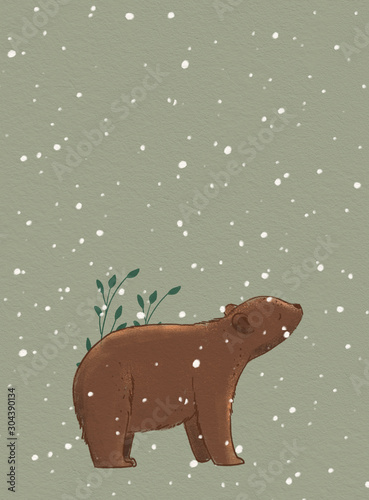 Bear in winter greeting card design. Forest animals, winter holiday.