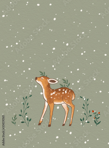 Deer baby winter card. Cute animal in snowy forest Christmas card. © jenteva