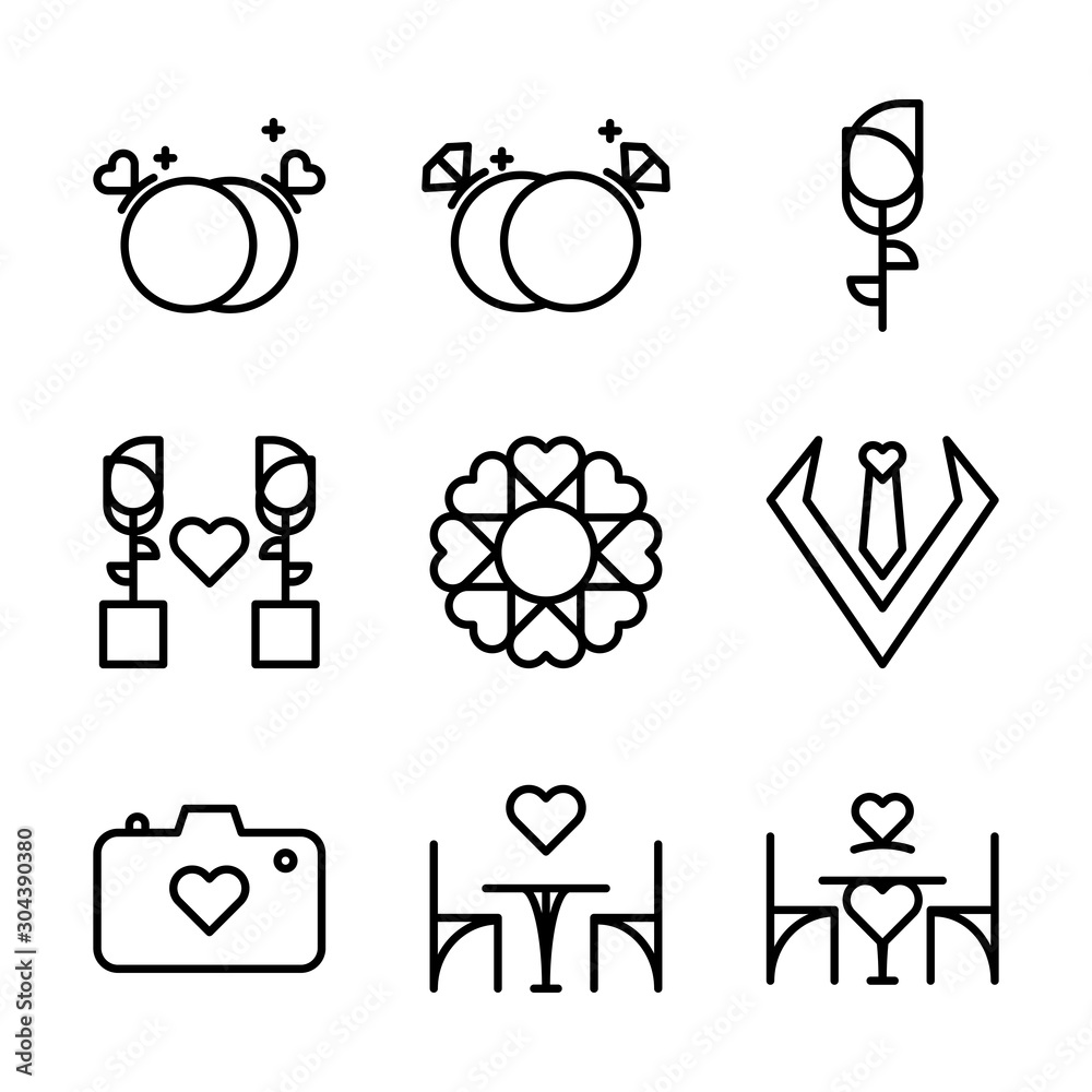 Basic vector wedding icon include ring,rose,flower,tie,camera,chair Basic vector wedding icon include ring,rose,flower,tie,camera,chair