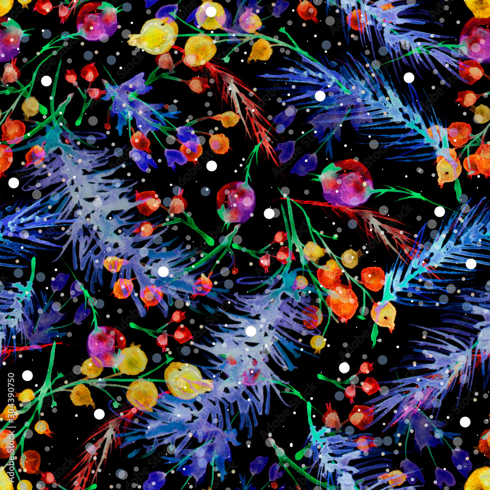 Seamless watercolor Christmas pattern with berries and spruce. Pattern Christmas ornaments from the branches painted with watercolors. Branches of trees. Art pattern