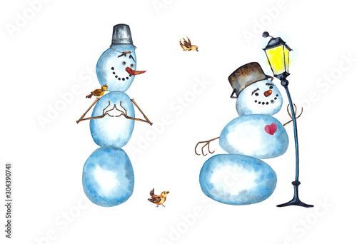 Two funny snowmen and sparrows in romantic mood, smiling and telling about love to street light. Watercolor hand painted isolated elements on white background. Cartoon style.