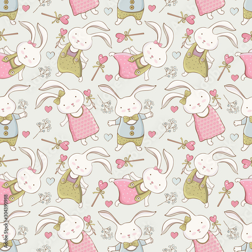 Seamless baby pattern with cute little rabbit in vector. artoon little happy bunny. Vintage hand drawn. Kawaii funny animal. Children s holiday background. Illustration in pastel delicate colors.