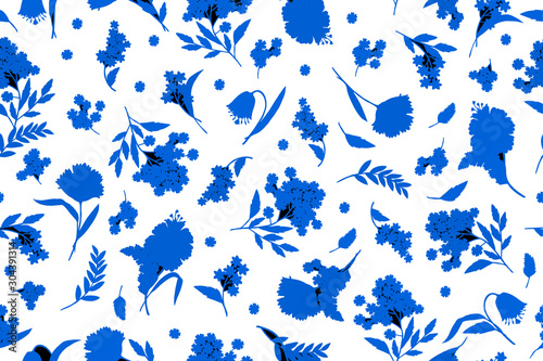 Trendy bright Floral pattern in the many kind of flowers. Botanical Motifs scattered random. Seamless vector texture. For fashions. Blue silhouettes of a shadow of plants.