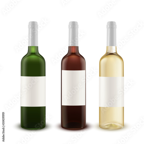Realistic vector set of wine bottles of various colors of glass.