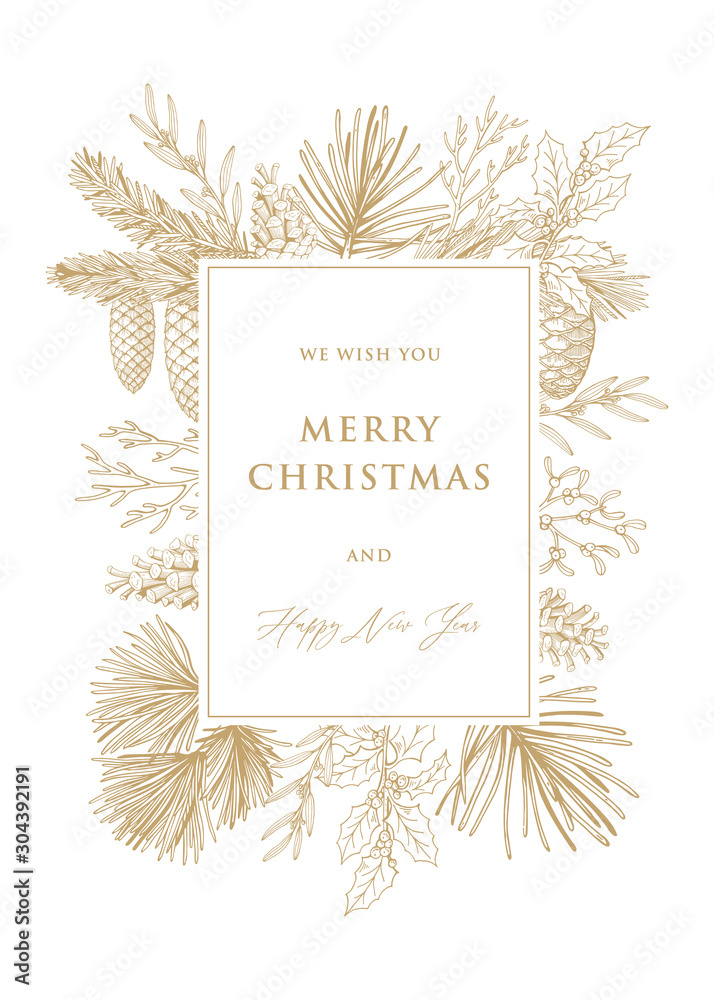 Christmas and new year cards with pine tree branches and cones. Hand drawn vector Christmas and new year cards with pine tree branches and cones. Hand drawn vector