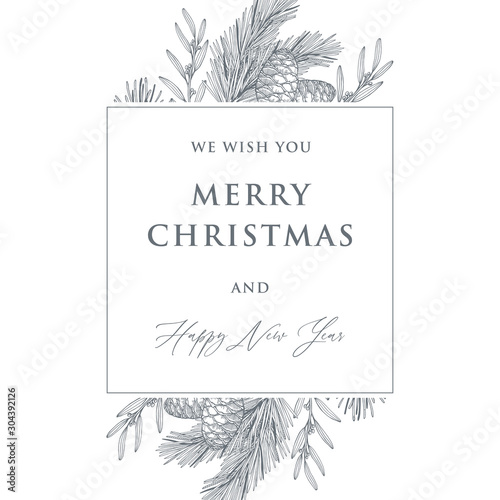 Christmas and new year cards with pine tree branches and cones. Hand drawn vector