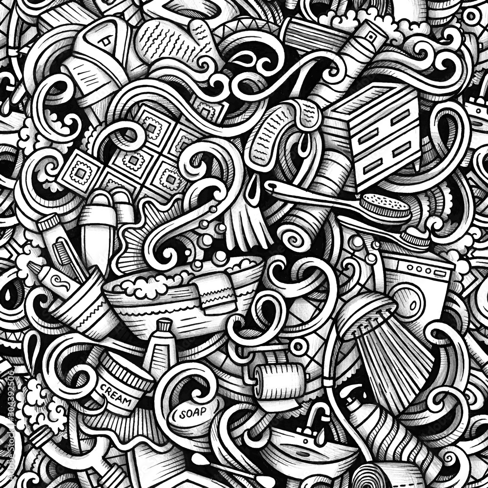 Bathroom vector hand drawn doodles seamless pattern. Graphics background design.