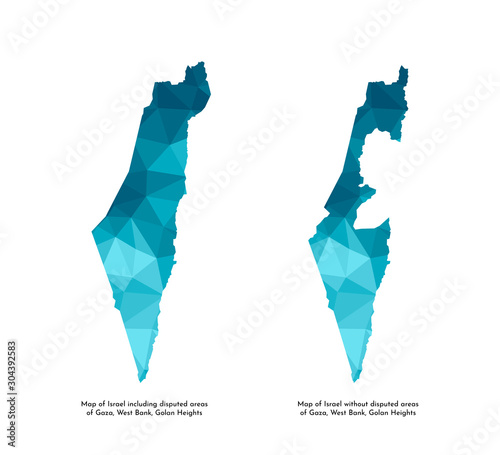 Vector isolated illustration icons with simplified blue silhouettes of Israel map (including and without disputed area of Gaza, West Bank, Golan Heights). Polygonal geometric style, triangular shapes
