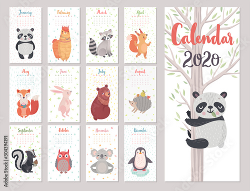 Calendar 2020 with Animals . Cute forest characters. Vector illustration.