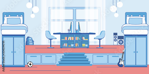 Teenage Boys Bedroom Interior Design Flat Vector