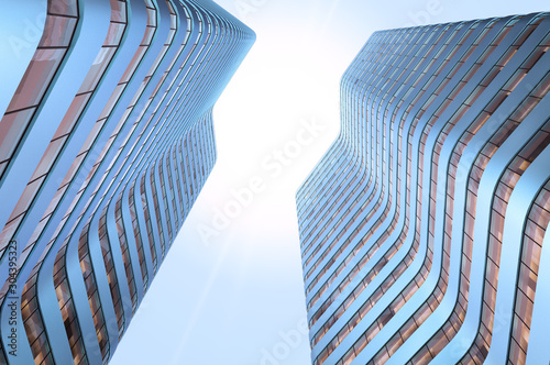 two identical skyscrapers in blue tint bottom view