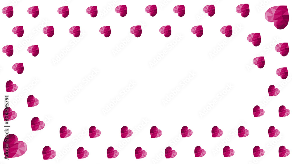 Romantic Valentine's day background or frame for invitations, cards, posters. Vector template with pink polygonal hearts on the white background and place for text. Standard scaled 1080*1920 size