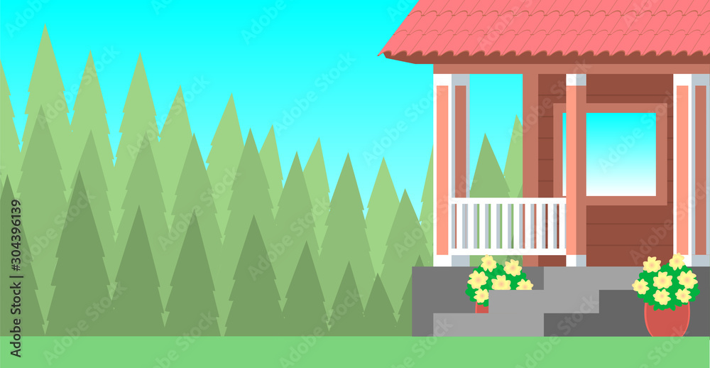 The cozy porch of a rustic wooden house with steps and a veranda. In the background is a green coniferous forest. Vector illustration.