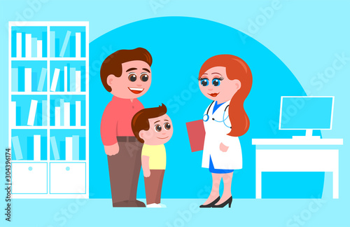 A father and son of school age communicate with a woman as a pediatrician in her office. Everyone is smiling. Cartoon vector illustration.