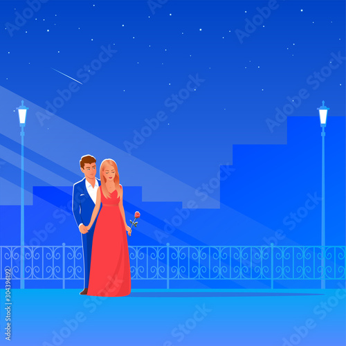 Beautiful and elegant man and woman on a city street. Love date. She is in a red evening dress, he is in a blue suit. In the background are lanterns and a starry sky. Vector romantic illustration.