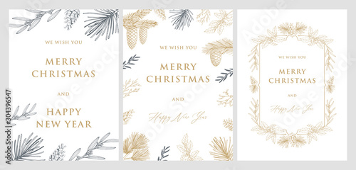 Christmas and new year cards with pine tree branches and cones. Hand drawn vector