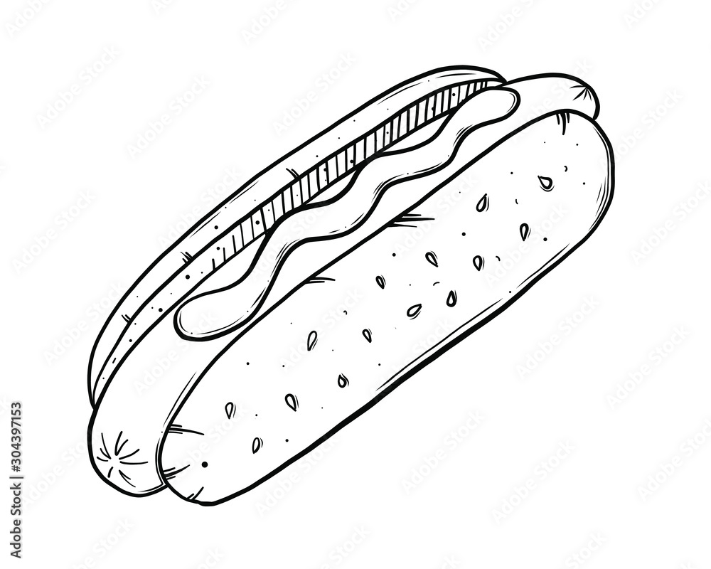 Sketch style vector illustration of fast food.  Hot dog engraving style